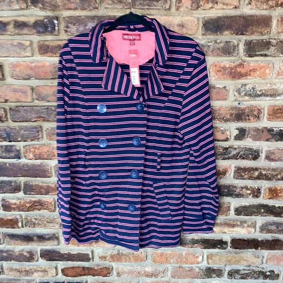 NWT Merona Navy Blue Pink Striped Double Breasted Knit Jacket Women's Size XL - Picture 1 of 7